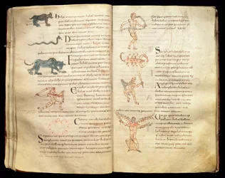 Ms 422 Fol.26v und 27r Pfad des Mondes durch die Sternbilder, aus 